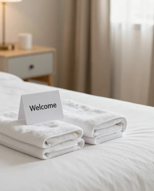 Hotel-style bed with folded towels, guest-ready Airbnb turnover